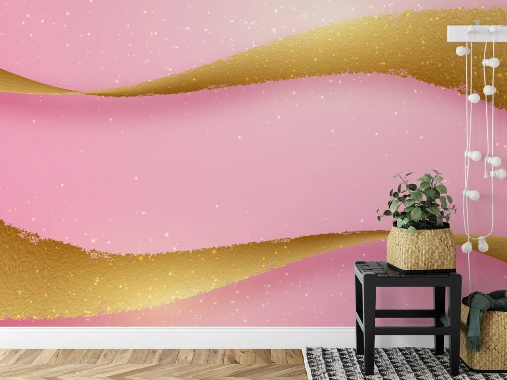 Large Pink Background With Golden Waves and Sparks Wallpaper, Luxury Abstract Peel & Stick Wall Mural