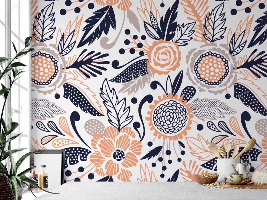 Abstract Floral Flat Art Style Wallpaper, Modern Nature Design Peel & Stick Wall Mural
