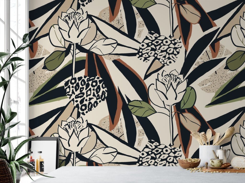 Abstract Flower Design Illustration Wallpaper, Bold Floral Stripes Peel & Stick Wall Mural