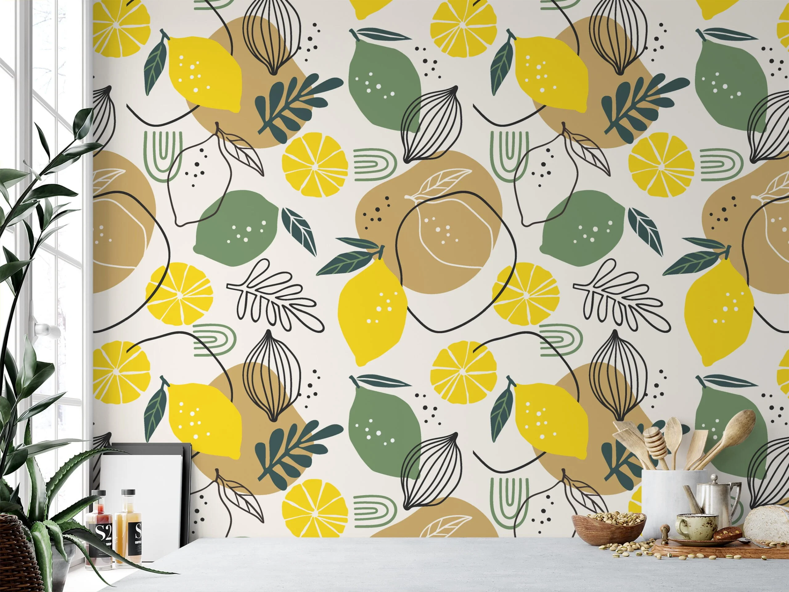 Lemon And Leaves With Line Art Illustration Wallpaper, Citrus And Lime Design Peel & Stick Wall Mural