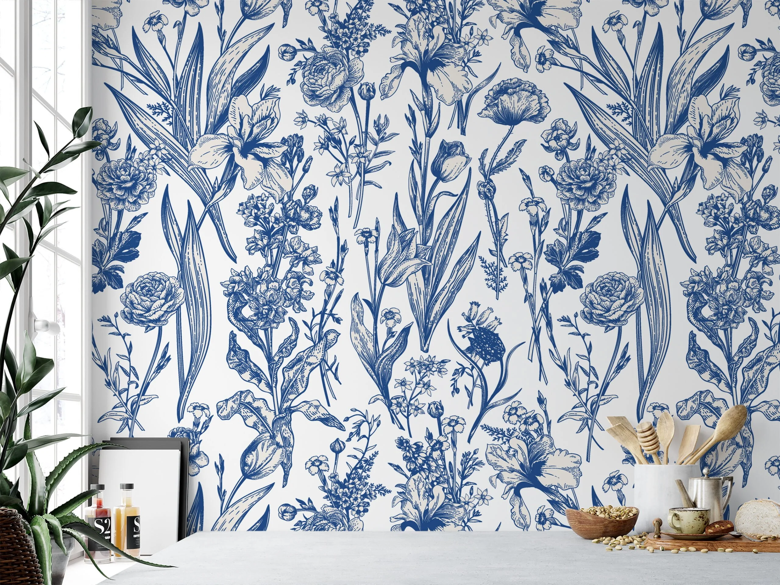 Vintage Dutch Style Blue Flowers And Leaves Wallpaper, Classic Blue Botanical Illustration Peel & Stick Wall Mural