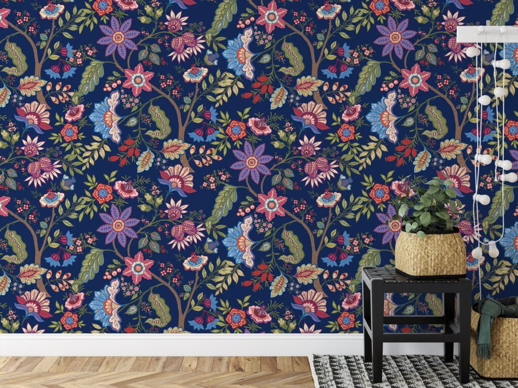 Colorful Floral Paisley Illustration Wallpaper, Opulent Navy Garden Peel & Stick Wall Mural