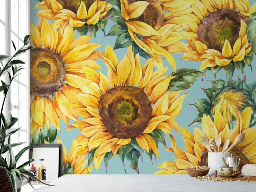 Watercolor Style Sunflowers Floral Illustration Wallpaper, Sunny Flower Peel & Stick Wall Mural