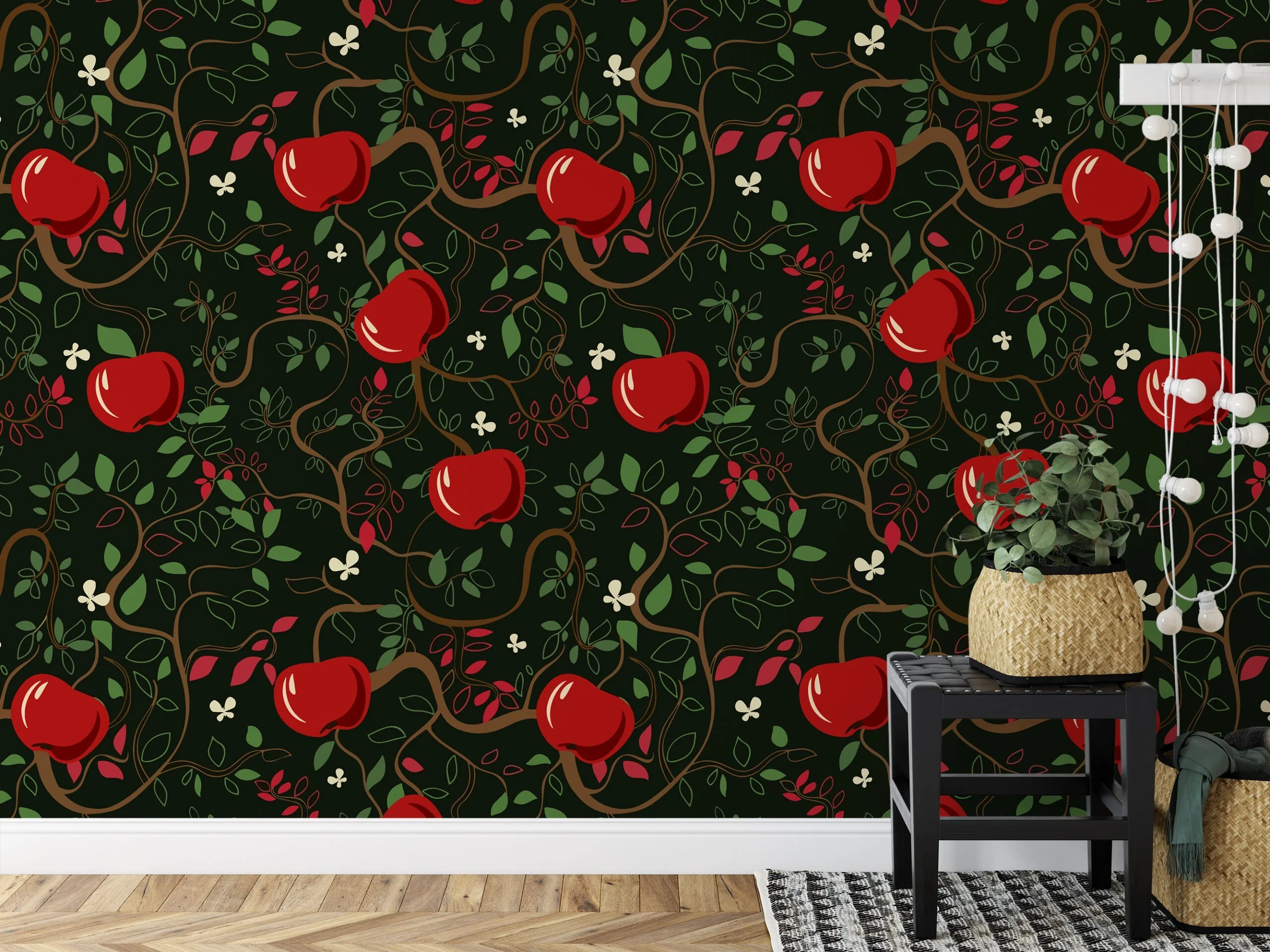Abstract Apples On A Tree With A Dark Background Wallpaper, Enchanted Apple Orchard Peel & Stick Wall Mural