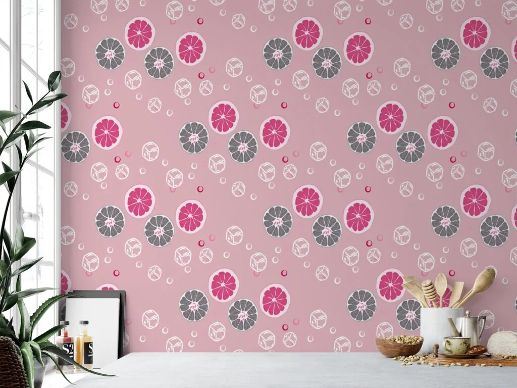 Pink And Grey Citrus Slices With Ice Illustration Wallpaper, Playful Pink Lemonade Peel & Stick Wall Mural