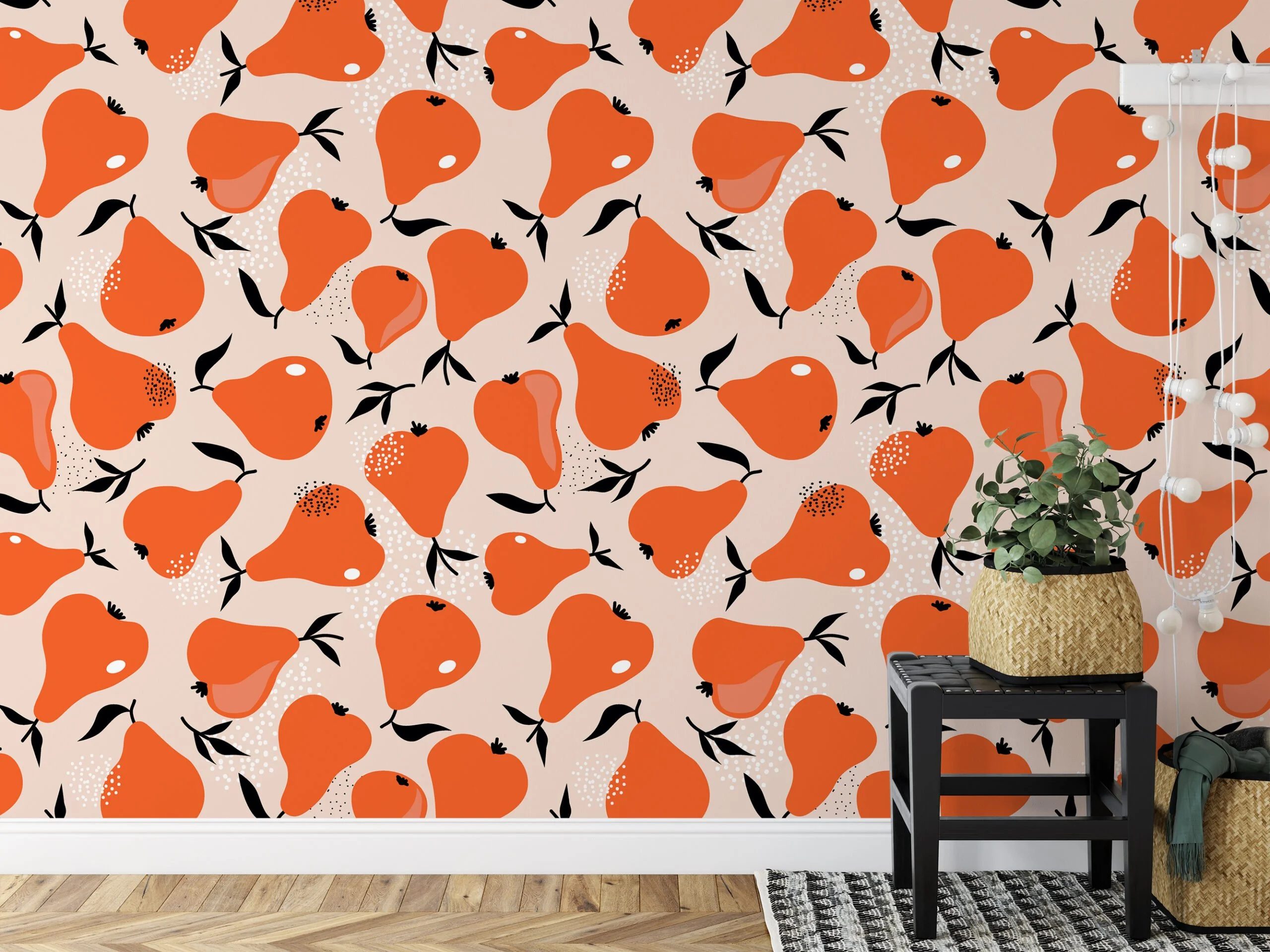 Simple Orange Pears Pattern Illustration Wallpaper, Abstract Autumn Pears Peel & Stick Wall Mural