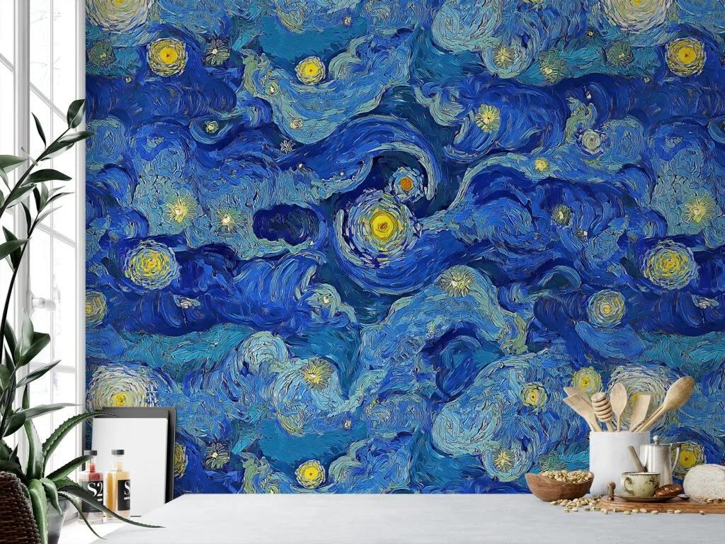 Abstract Blue And Yellow Artist Painting Effect Wallpaper, Van Gogh Style Blue Art Deco Peel & Stick Wall Mural