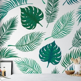 Tropical Leaves Illustration With A White Background Wallpaper, Assorted Greenery Peel & Stick Wall Mural