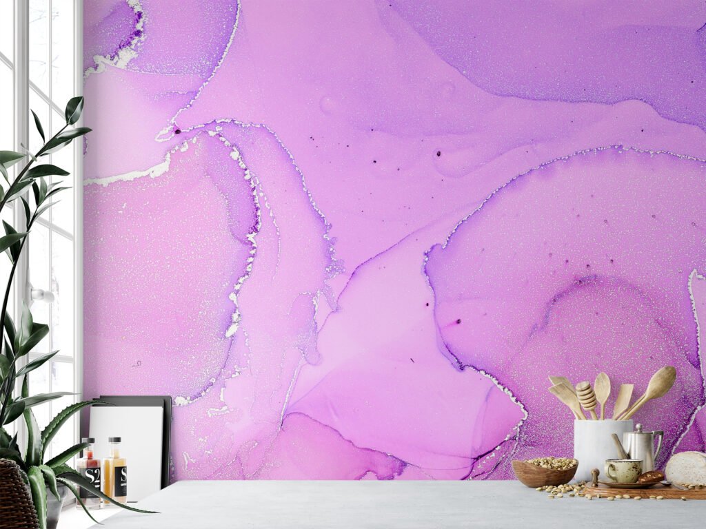Pink Purple Alcohol Ink Art Marble Wallpaper, Lush Pink Peel & Stick Wall Mural