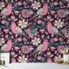 Colorful Folk Art Birds And Flowers Wallpaper, Vintage Pink Birds & Floral Peel & Stick Wall Mural