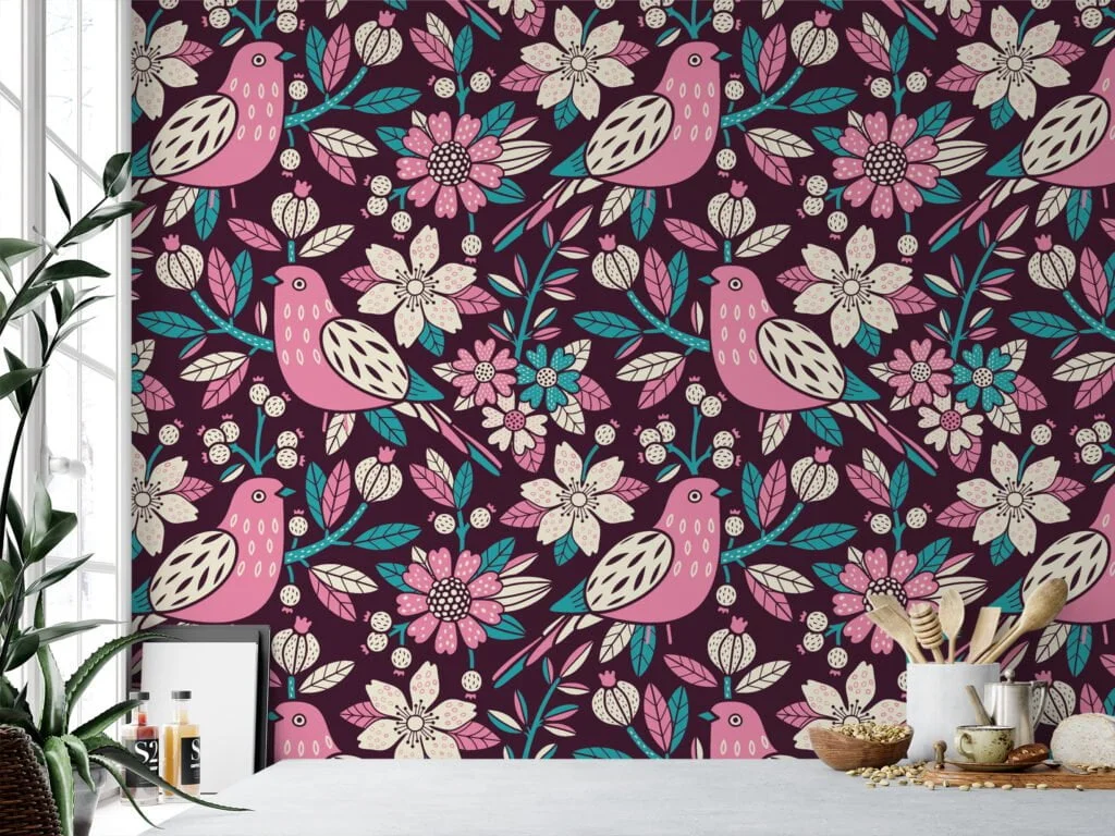 Colorful Folk Art Birds And Flowers Wallpaper, Vintage Pink Birds & Floral Peel & Stick Wall Mural