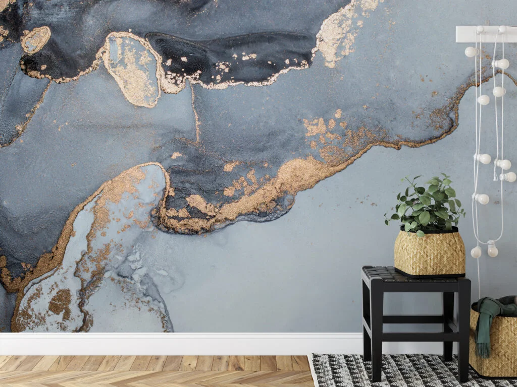 Steel Blue Grey Alcohol Ink Art Marble Wallpaper, Luxurious Gold Flecked Marble Peel & Stick Wall Mural