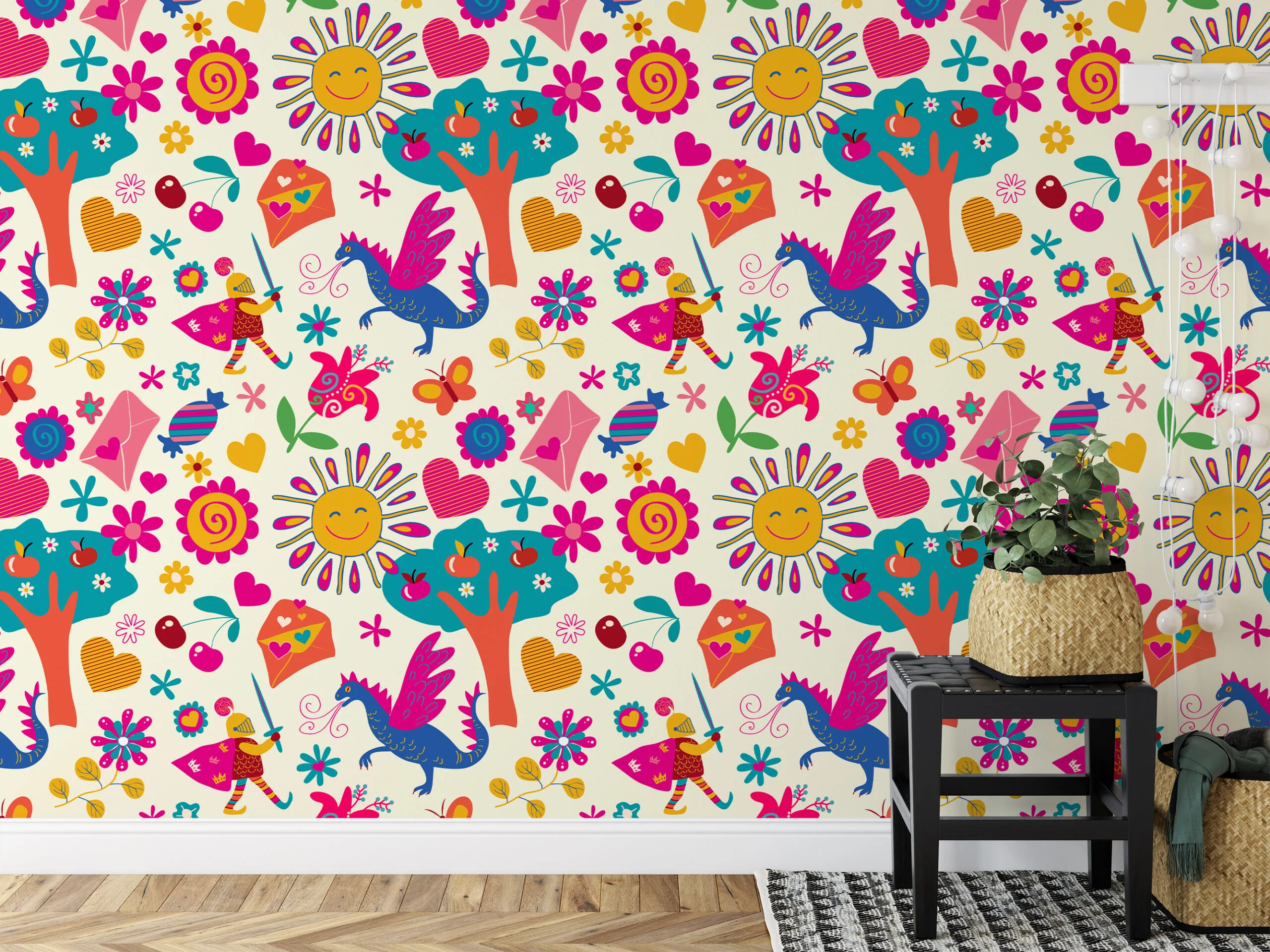 Colorful Kids Playroom Illustration Wallpaper, Enchanted Fairytale Kids Peel & Stick Wall Mural