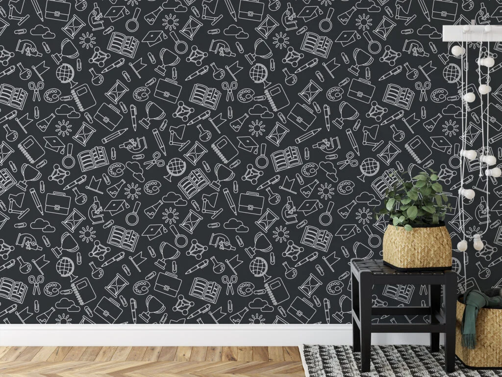 School Icons Kids Room Illustration Wallpaper, Educational Doodles Peel & Stick Wall Mural