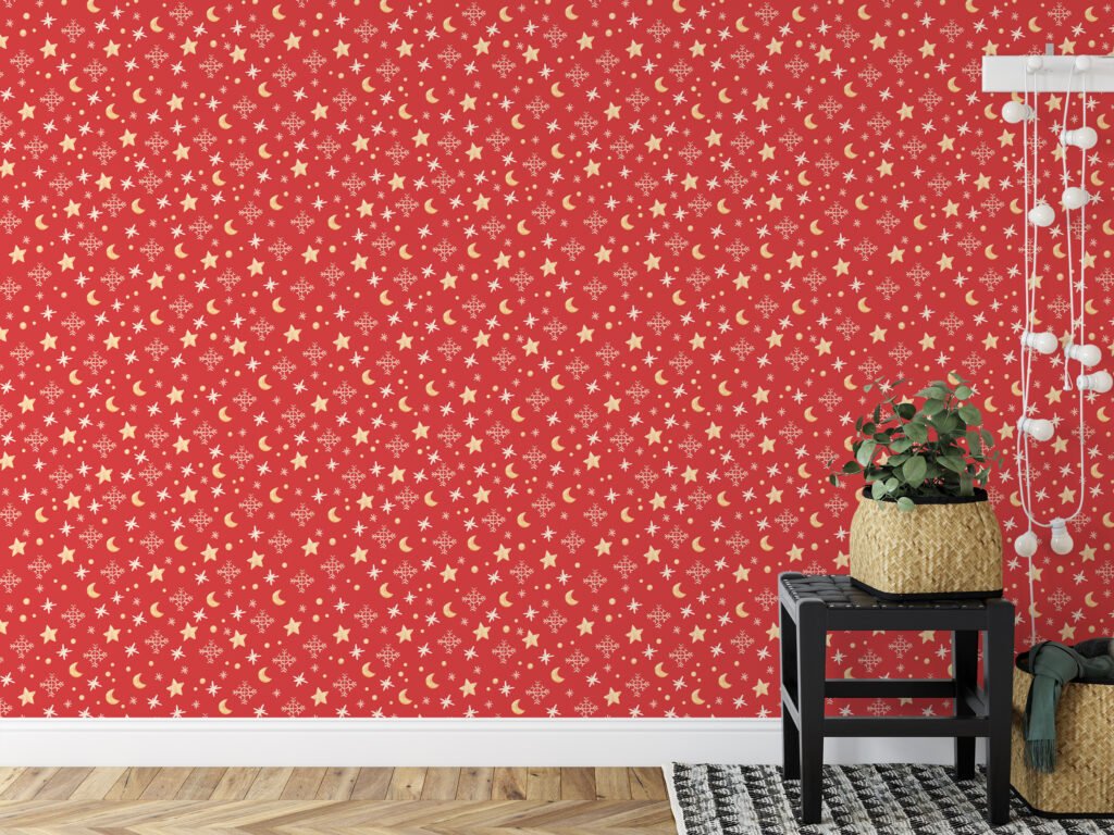 Cute Christmas Themed Stars And Moons Illustration Wallpaper, Festive Holiday Stars & Snowflakes Peel & Stick Wall Mural