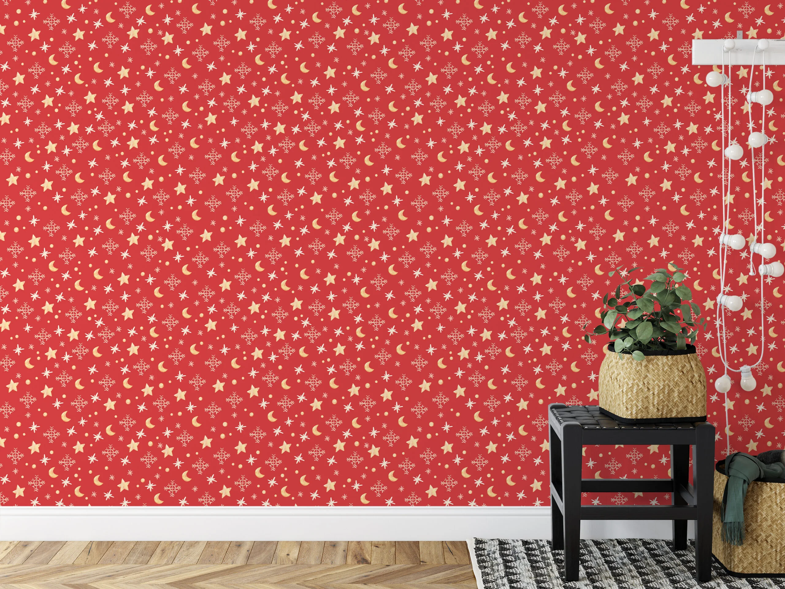 Cute Christmas Themed Stars And Moons Illustration Wallpaper, Festive Holiday Stars & Snowflakes Peel & Stick Wall Mural
