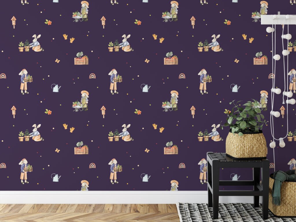Farmer Rabbits With Dark Purple Background Illustration Wallpaper, Enchanted Garden Friends Peel & Stick Wall Mural