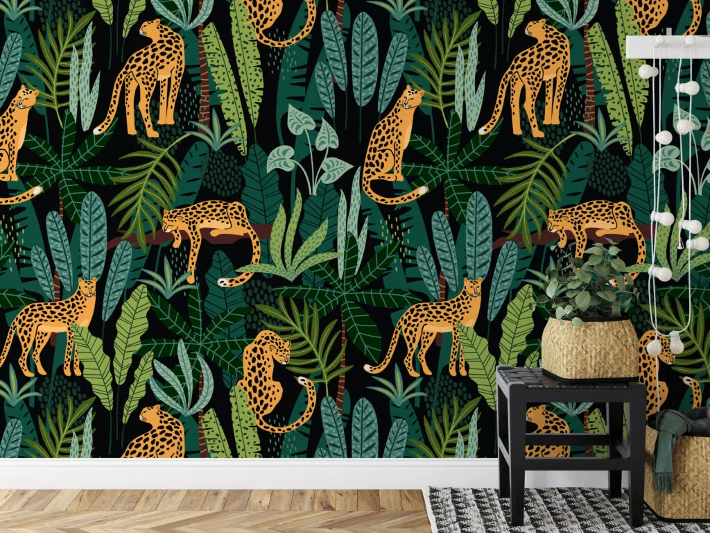 Green Tropical Flat Art Jungle With Leopards Illustrations Wallpaper, Exotic Jungle Inspired Peel & Stick Wall Mural