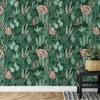 Green Abstract Jungle Flat Art Leaves Illustration Wallpaper, Dark Green & Pink Tropical Leaves Peel & Stick Wall Mural