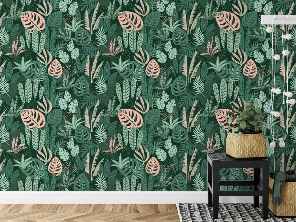 Green Abstract Jungle Flat Art Leaves Illustration Wallpaper, Dark Green & Pink Tropical Leaves Peel & Stick Wall Mural