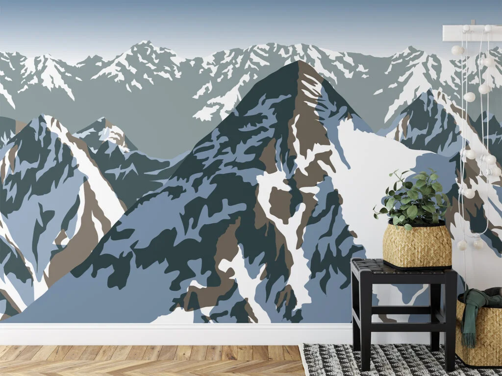 Flat Art Snowy Mountains Illustration Wallpaper, Abstract Landscape Peel & Stick Wall Mural