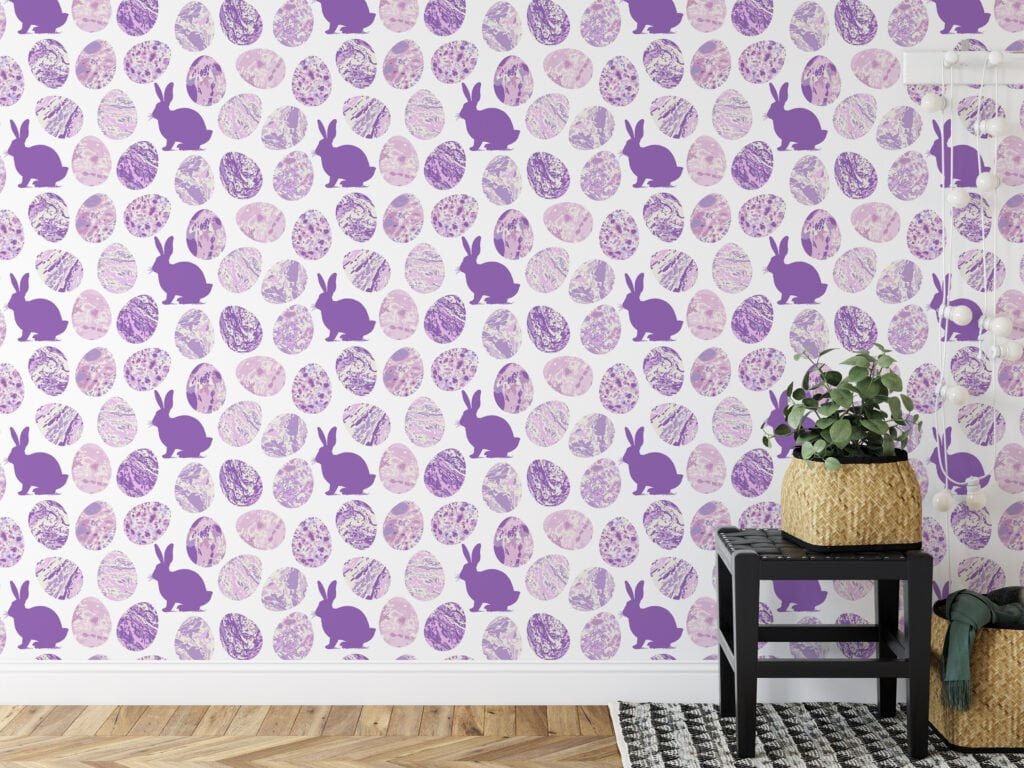 Purple Egg Shaped Ink Blotches With Bunnies Wallpaper, Charming Bunny & Egg Peel & Stick Wall Mural