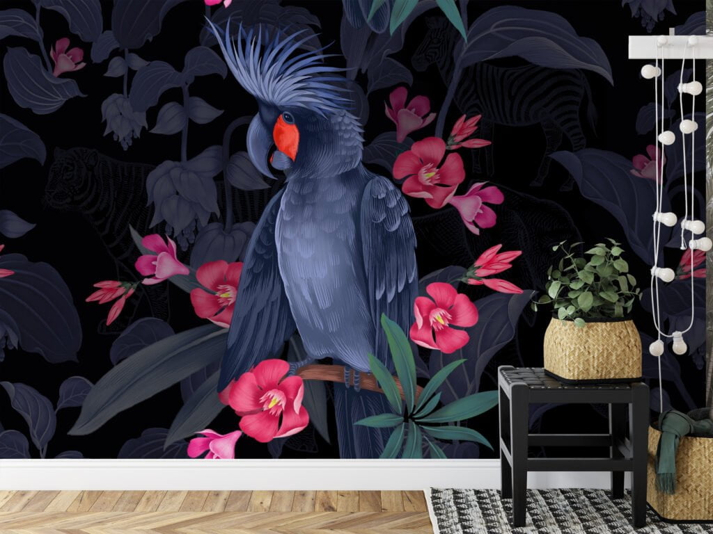 Dark Midnight Blue Large Parrot With Pink Flowers Wallpaper, Elegant Tropical Peel & Stick Wall Mural