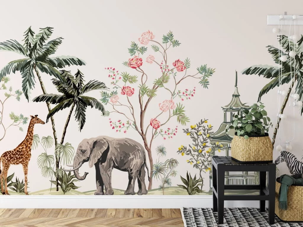 Safari Animals And Palm Trees Illustration With A light Background Wallpaper, Exotic Animal Chinoiserie Peel & Stick Wall Mural