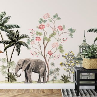 Safari Animals And Palm Trees Illustration With A light Background Wallpaper, Exotic Animal Chinoiserie Peel & Stick Wall Mural
