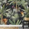 Watercolor Style Tropical Wallpaper With Exotic Animals And A Dark Background, Lush Dark Jungle Peel & Stick Wall Mural