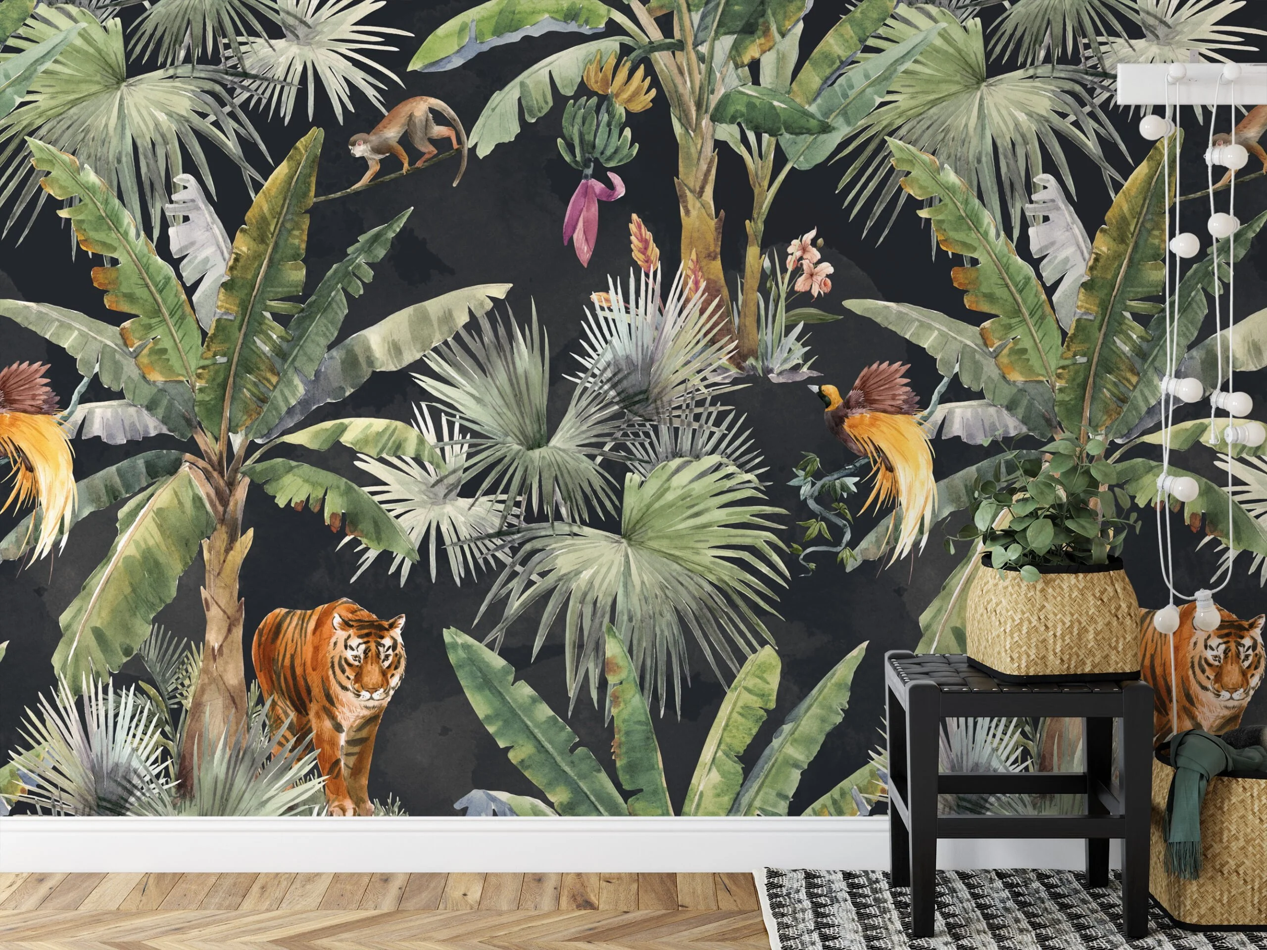 Watercolor Style Tropical Wallpaper With Exotic Animals And A Dark Background, Lush Dark Jungle Peel & Stick Wall Mural