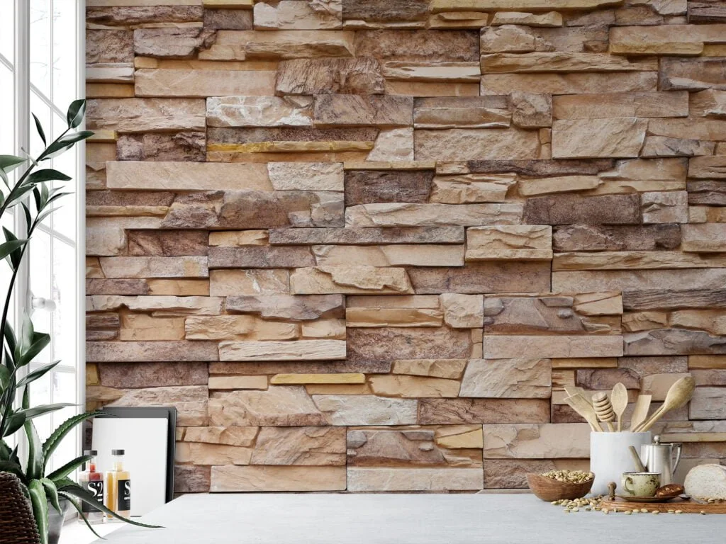 Stone Brick Wall Wallpaper, Neutral Textured Stone Cladding Peel & Stick Wall Mural