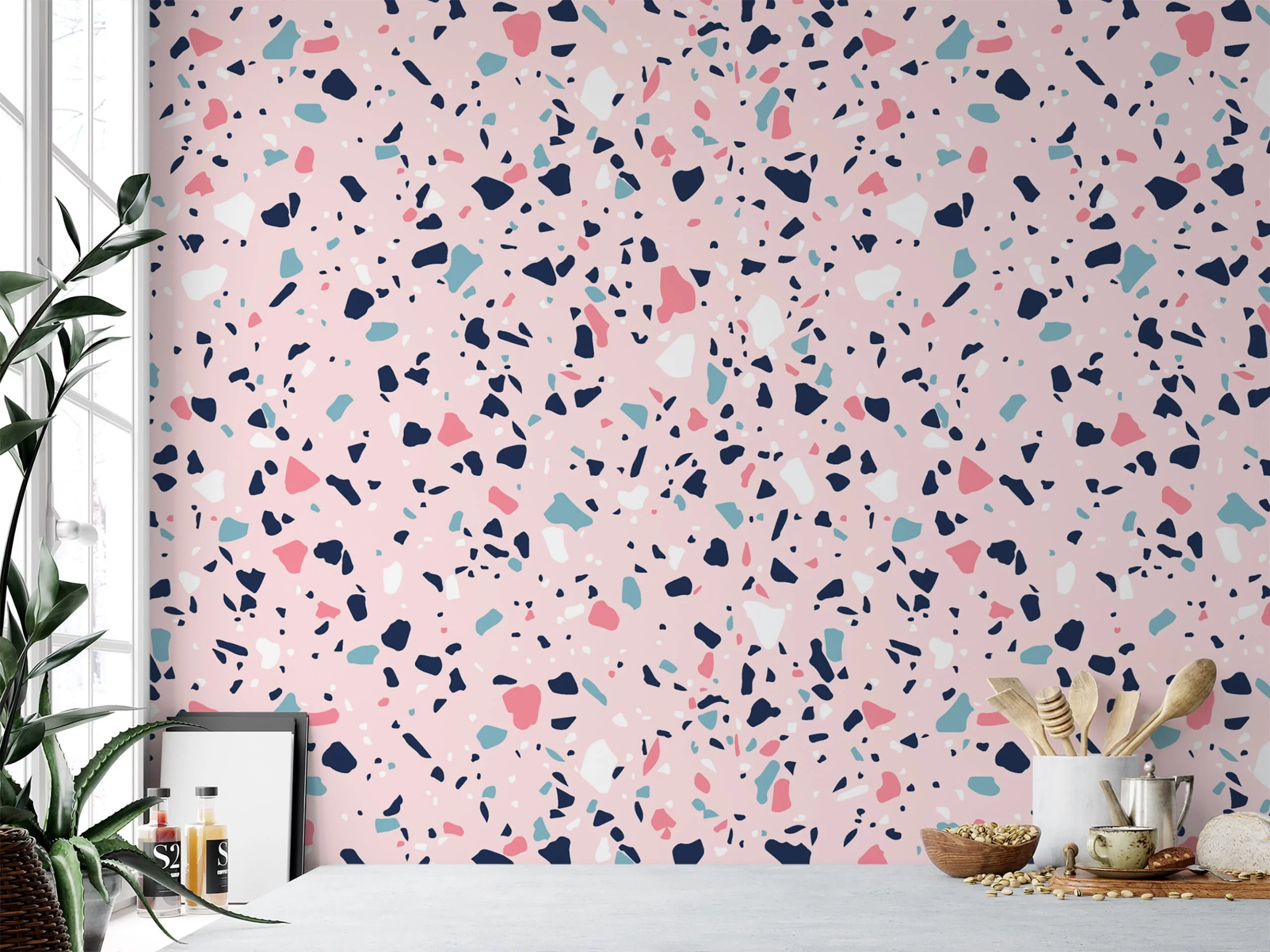 Colorful Terrazzo Illustrations Wallpaper, Pink Abstract Speckled Design Peel & Stick Wall Mural