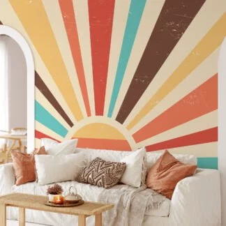 Colorful Retro Sunset Illustration Wallpaper, Abstract Sunbeam Pattern Peel & Stick Wall Mural