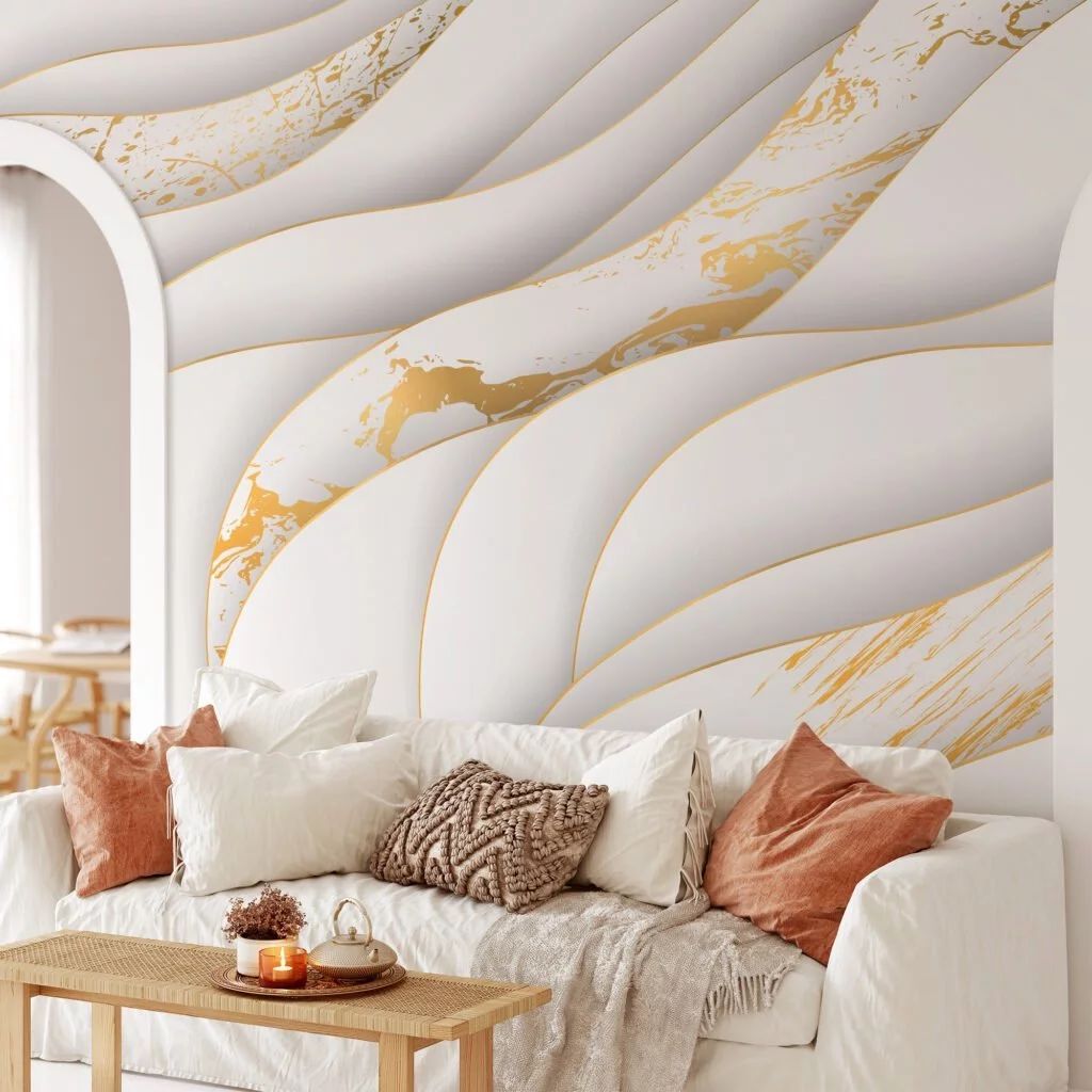 Abstract Three Dimensional Paper Effect Light Wallpaper, Elegant White and Gold Marble Peel & Stick Wall Mural