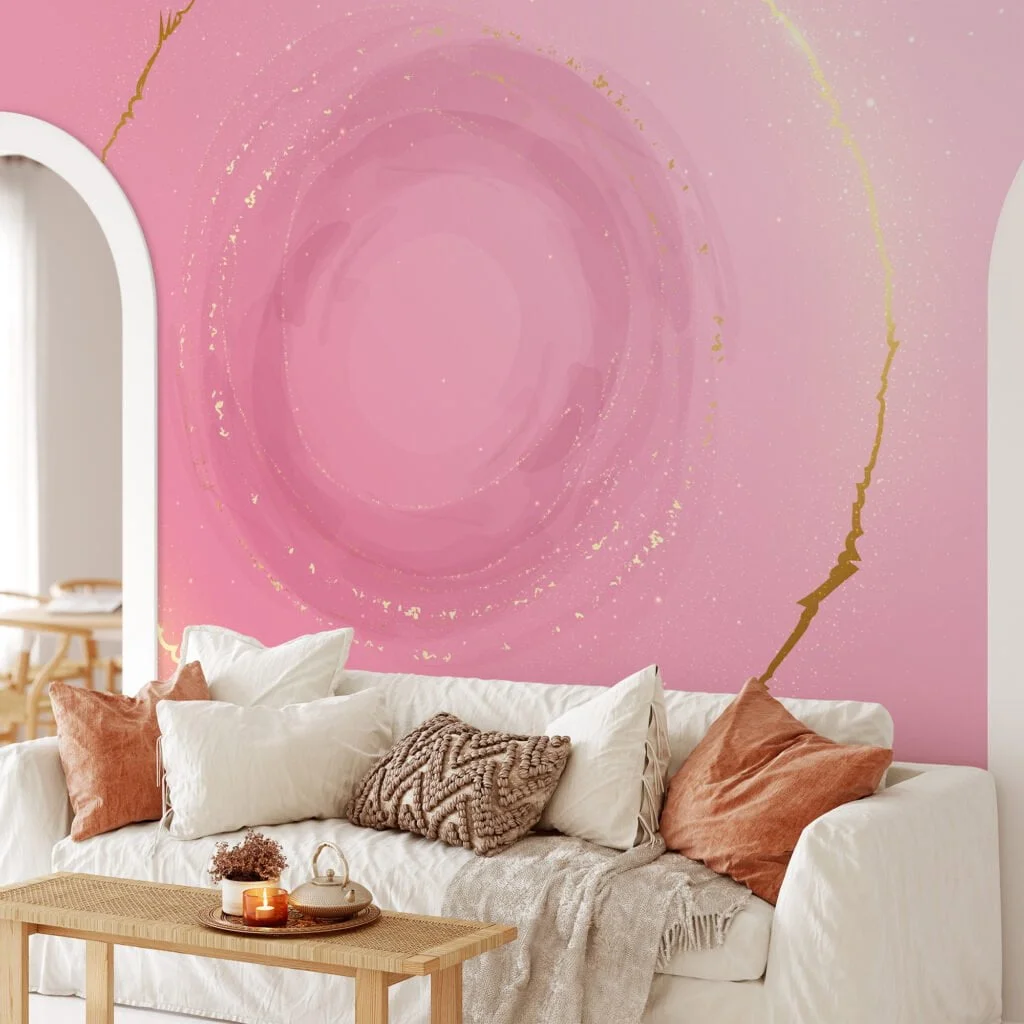 Large Pink Wallpaper With a Centered Circle Design, Abstract Cosmic Pink Swirl Peel & Stick Wall Mural