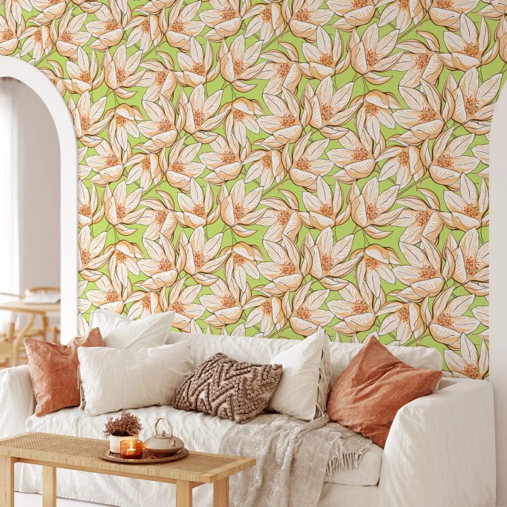 Retro Style Floral Line Art Wallpaper With A Green Background, Spring Blossom Elegance Peel & Stick Wall Mural