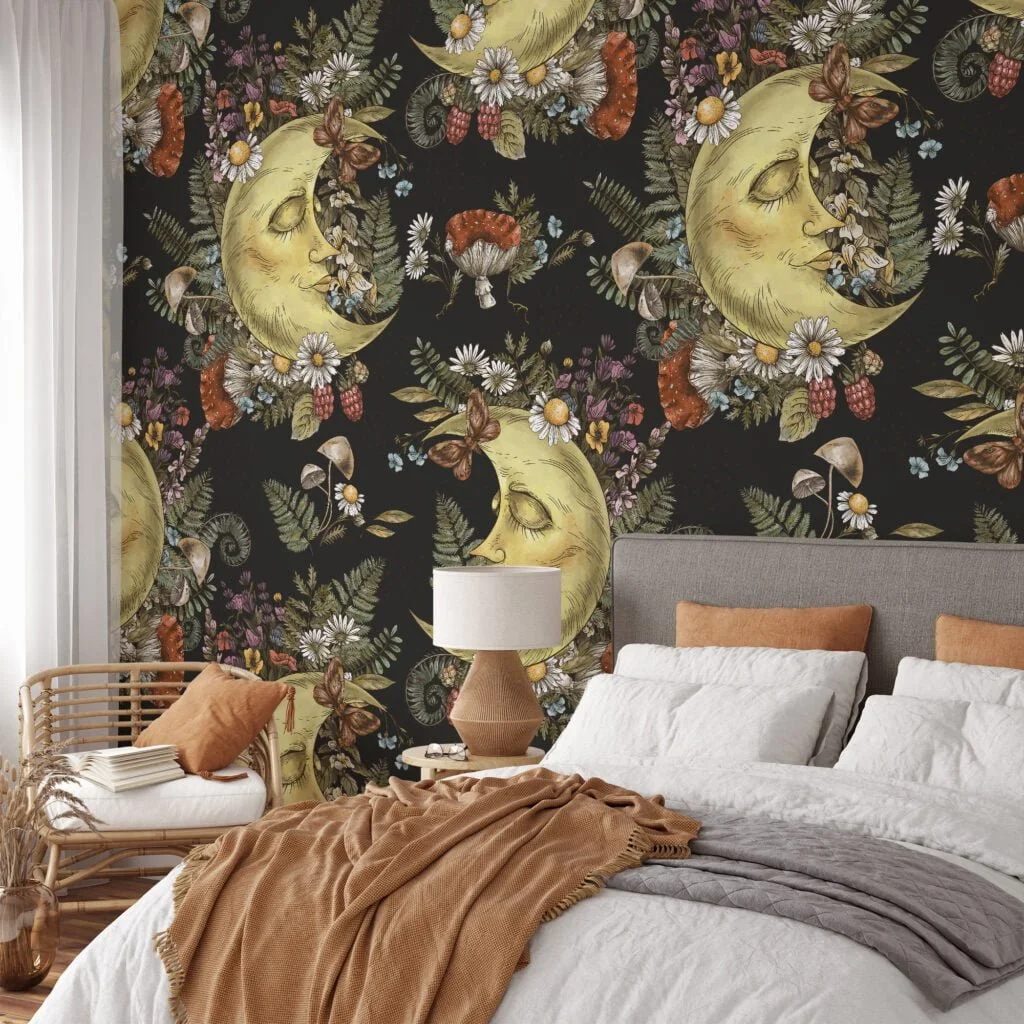 Mystical Floral Moon With Face On A Dark Background Illustration Wallpaper, Celestial Forest Peel & Stick Wall Mural