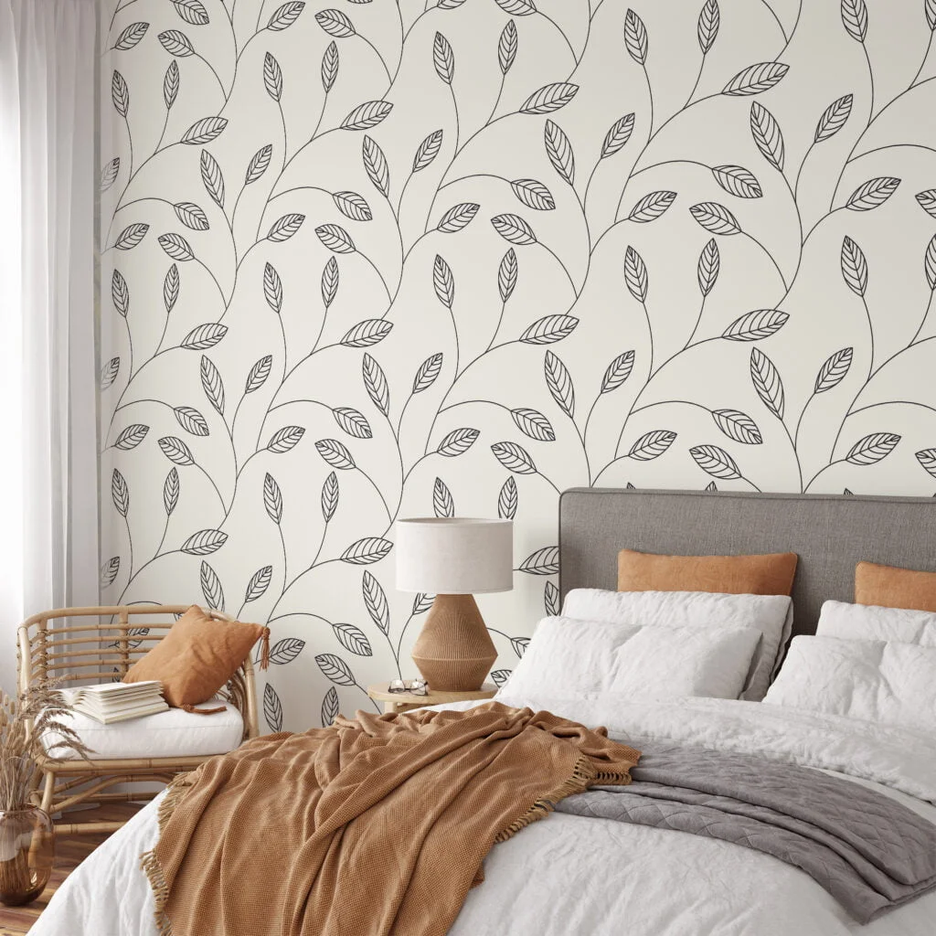 Simple Abstract Leaves Line Art Wallpaper, Minimalist Leaf Art Peel & Stick Wall Mural