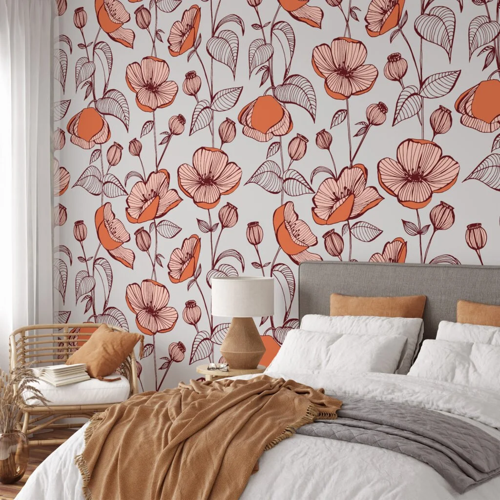 Floral Line Art Illustration Wallpaper, Chic Floral Elegant Peel & Stick Wall Mural