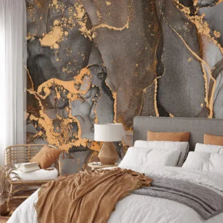 Brown And Grey Gold Alcohol Ink Art Marble Wallpaper, Abstract Onyx Marble Peel & Stick Wall Mural