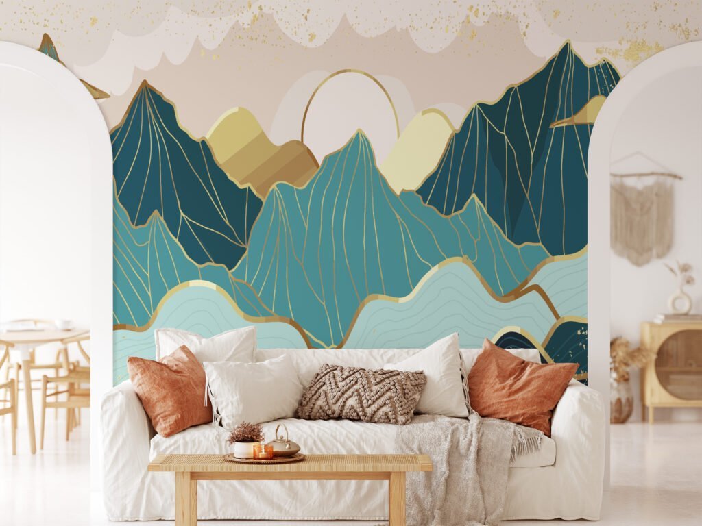 Modern Abstract Mountains Wallpaper With A Minimalistic Sunset, Stylized Landscape Peel & Stick Wall Mural