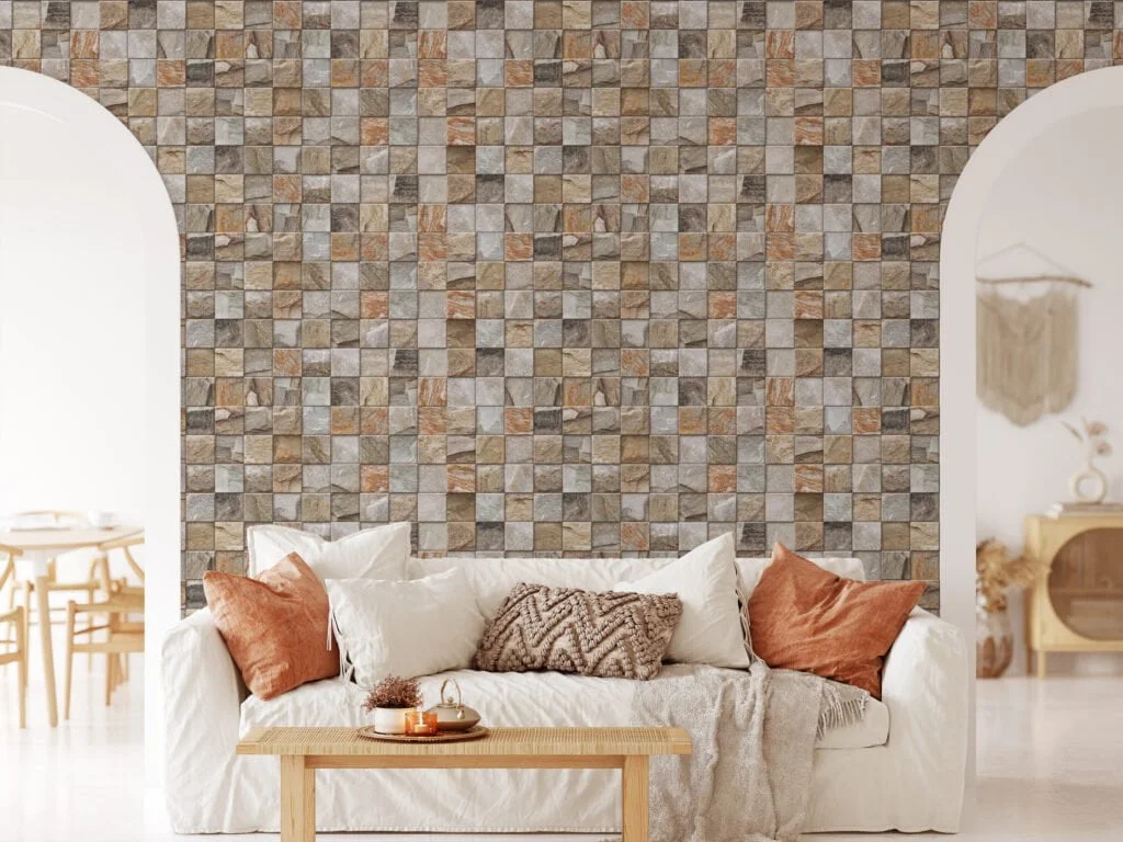 Mosaic Style Brick Wall Square Tiles Wallpaper, Rustic And Natural Peel & Stick Wall Mural