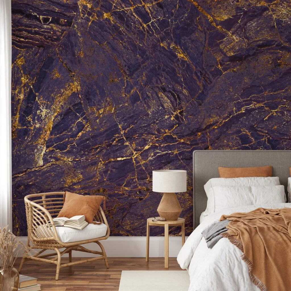 Bright Contrasted Stone Textured Wallpaper, Luxe Gold Veined Marble Peel & Stick Wall Mural