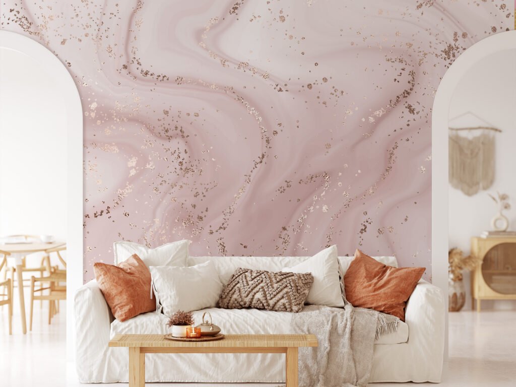 Nude Rose Gold Wavy Marble Effect Wallpaper, Whispering Blush Marble Peel & Stick Wall Mural
