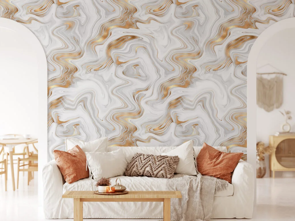 Abstract White And Gold Swirls Wallpaper, Luxe Marble Peel & Stick Wall Mural