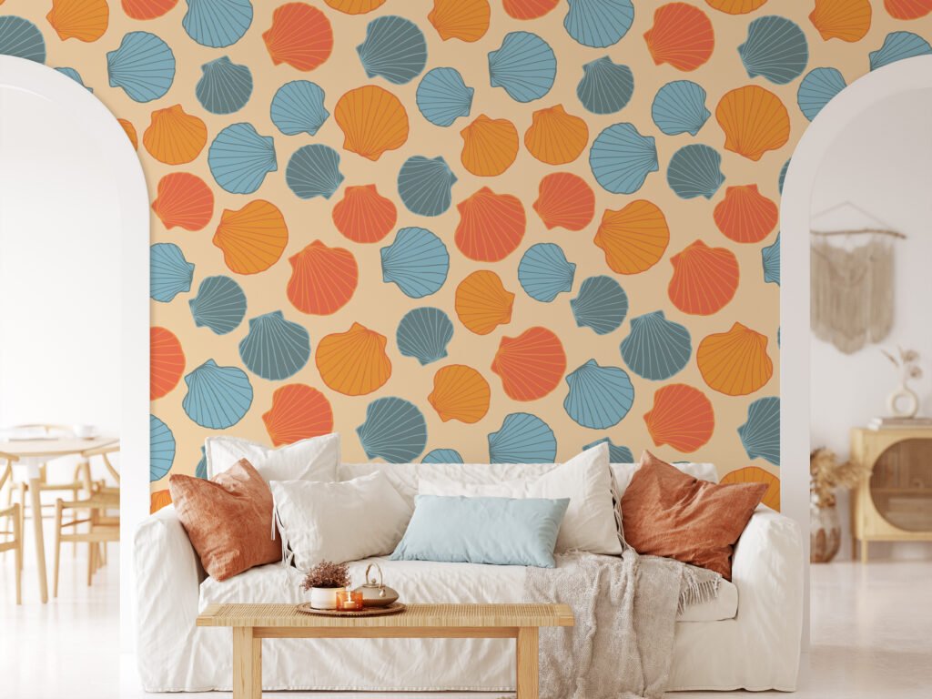Retro Colored Sea Shells Pattern Wallpaper, Seaside Serenity Peel & Stick Wall Mural