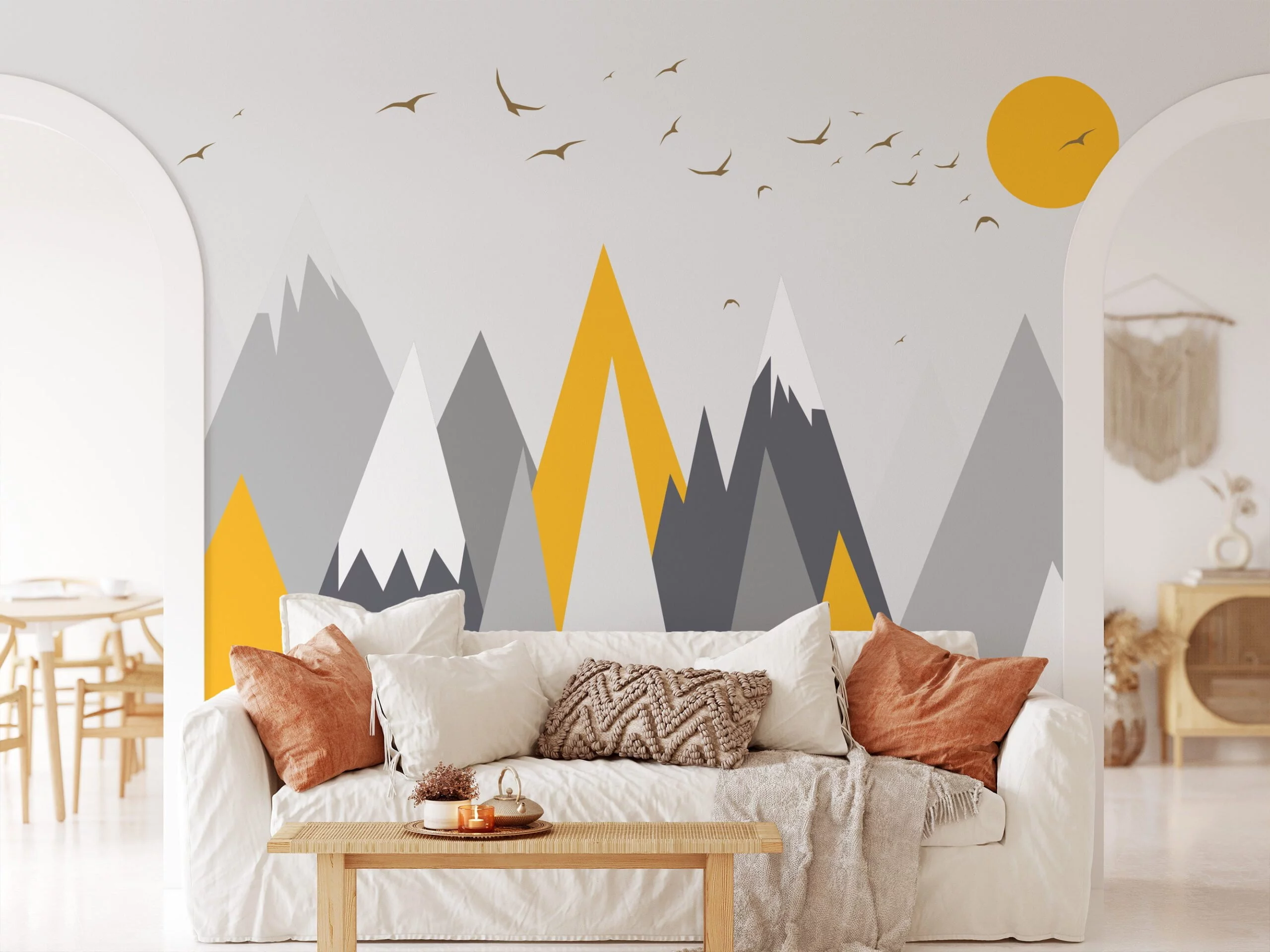Minimalist Grey And Yellow Mountains Illustration Wallpaper, Modern Mountain Landscape Peel & Stick Wall Mural
