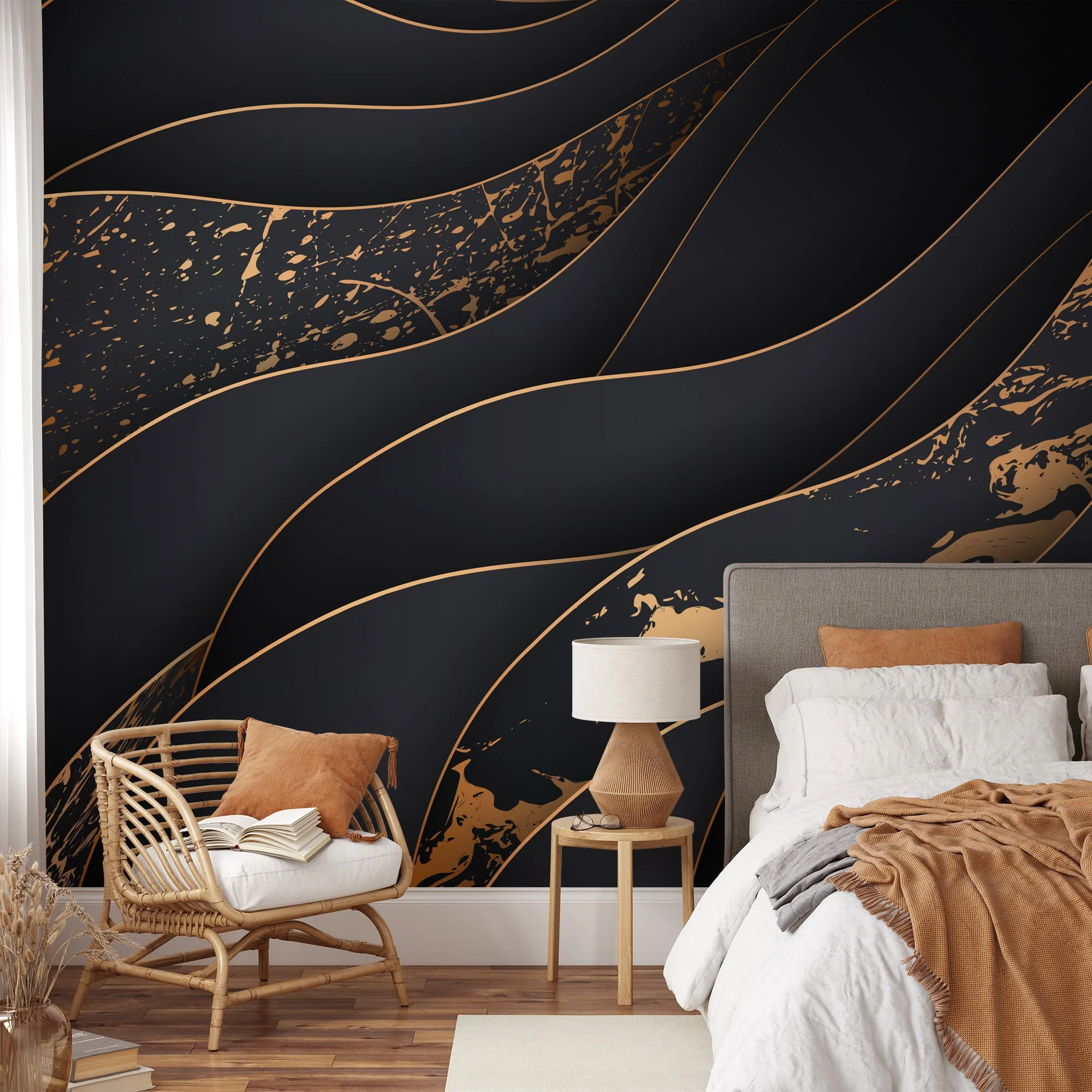 Abstract Three Dimensional Paper Effect Dark Wallpaper, Opulent Wavy Design Peel & Stick Wall Mural