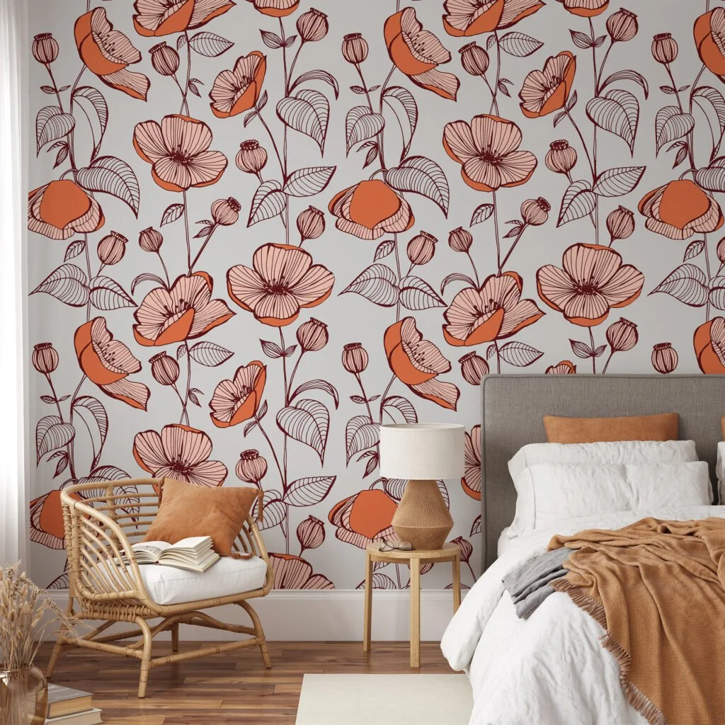 Floral Line Art Illustration Wallpaper, Chic Floral Elegant Peel & Stick Wall Mural